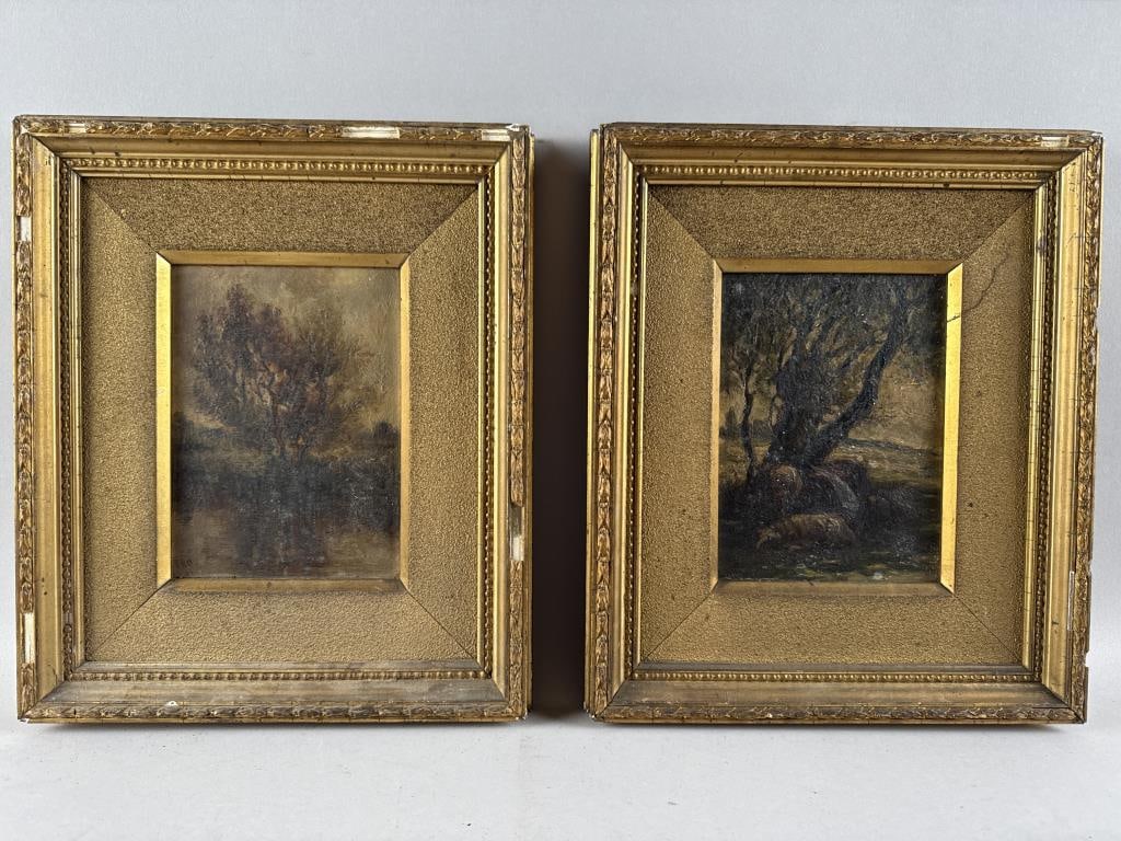 PAIR OF LANDSCAPE PAINTINGS Circa 1880 Oils on panel, 8" x 6". Framed 14" x 12".: PAIR OF LANDSCAPE PAINTINGSCirca 1880Unsigned, but one dated 1880 lower left.Oils on panel, 8" x 6". Framed 14" x 12".