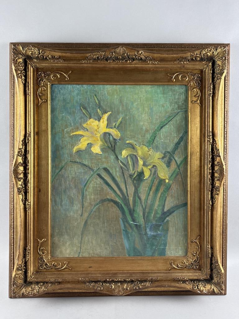 AMERICAN SCHOOL (Mid-20th Century,), Still life of lilies., Oil on canvas board, 19.5" x 15.75". (1 of 2)