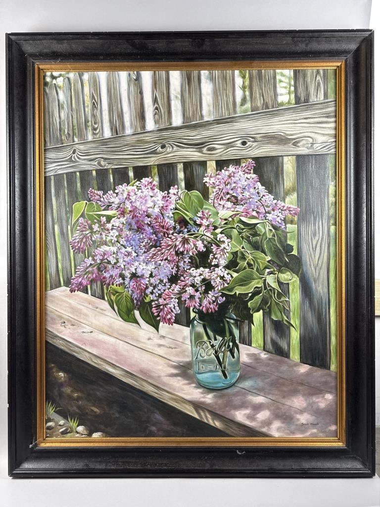 SCOTT WOODS (New York, Contemporary), Still life of lilacs in a mason jar., Oil on canvas, 50" x: SCOTT WOODSNew York, ContemporaryStill life of lilacs in a mason jar. Signed lower right "Scott Woods".Oil on canvas, 50" x 40". Framed. Provenance:Private Collection, New Jersey.