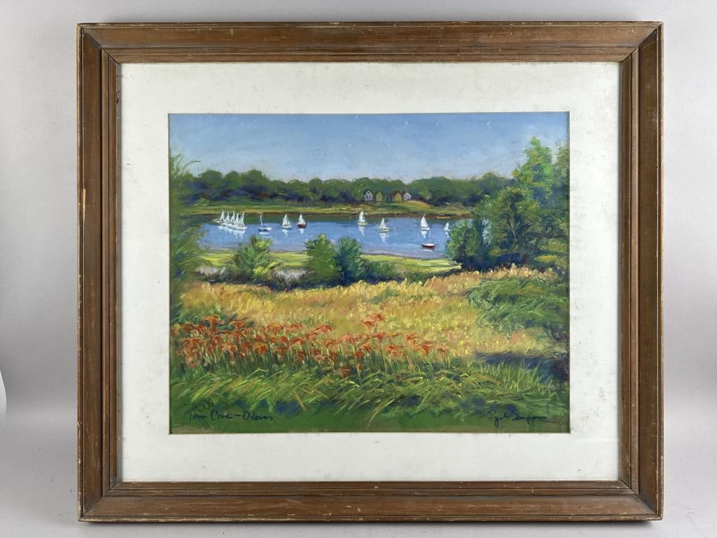 SEASCAPE PAINTING "TOWN COVE, ORLEANS" Contemporary Pastel on paper, 18.75" x 23.5" sight. Framed (1 of 2)