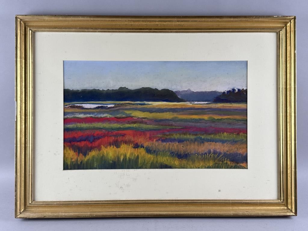 MARSH SCENE Contemporary Pastel on paper, 12.5" x 21.5" sight. Framed 23" x 32". (1 of 2)