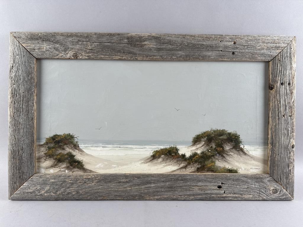 HERMAN LATHAM KENT (Massachusetts, 1930-2010), Beach scene., Oil on canvas, 12" x 24". Framed 16.5" (1 of 2)