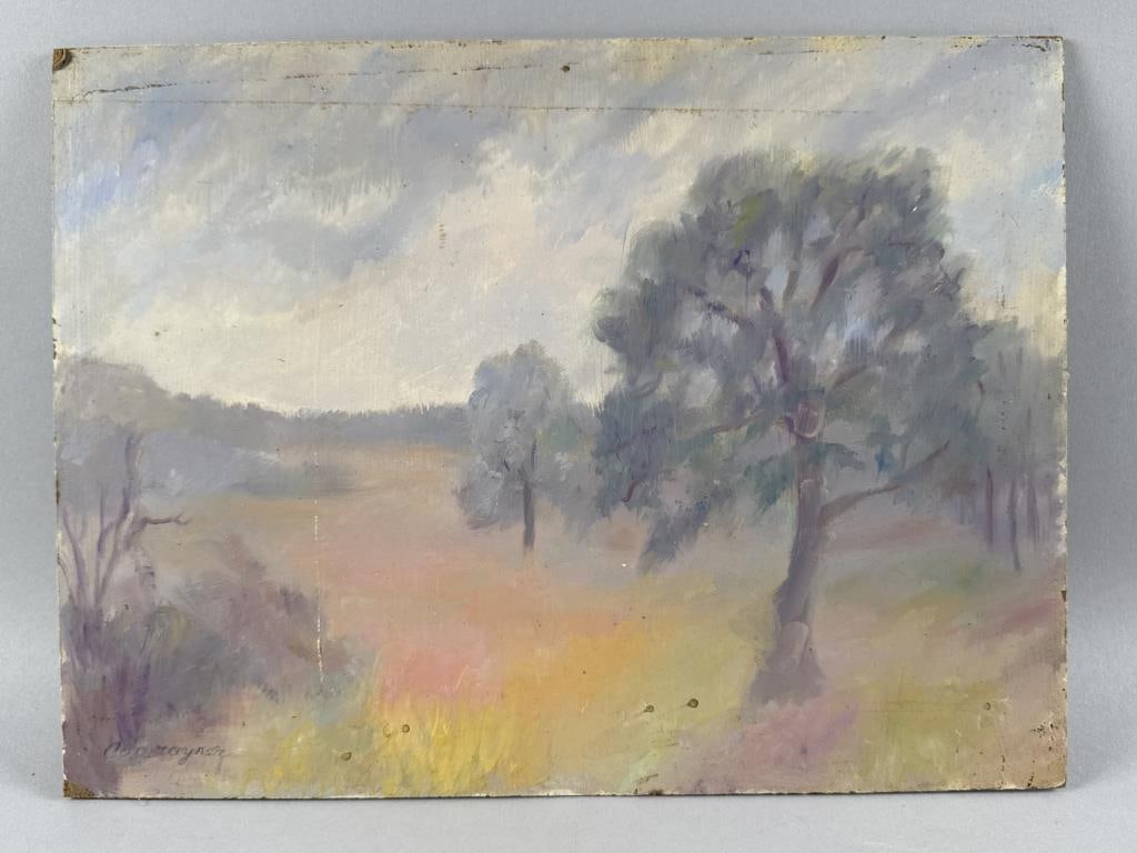 ADA RAYNER HENSCHE (Massachusetts, 1901-1985), Trees lining a field., Oil on masonite, 12" x 16". (1 of 2)