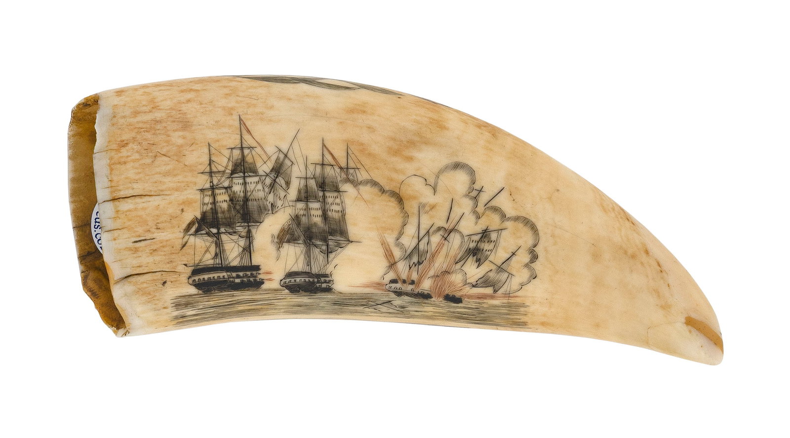 POLYCHROME SCRIMSHAW WHALE'S TOOTH ATTRIBUTED TO THE NAVAL ENGAGEMENT ENGRAVER Mid-19th Century: POLYCHROME SCRIMSHAW WHALE'S TOOTH ATTRIBUTED TO THE NAVAL ENGAGEMENT ENGRAVERMid-19th CenturyObverse with scene of three warships engaged in battle, with a French ship firing on an American ship and