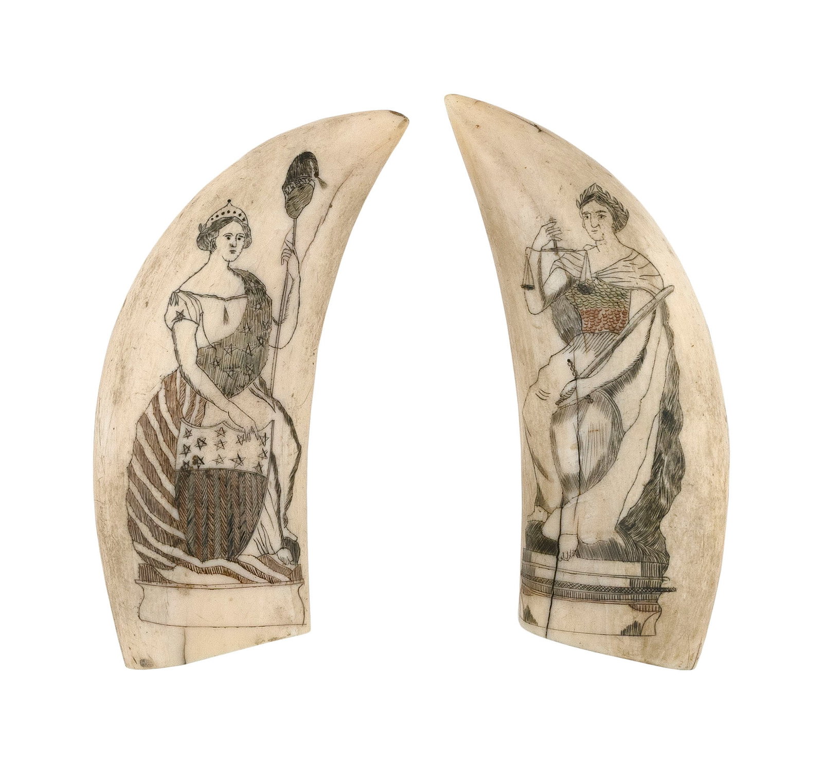 PAIR OF POLYCHROME SCRIMSHAW WHALE'S TEETH DEPICTING LADY LIBERTY AND LADY JUSTICE America, Mid-19th (1 of 2)