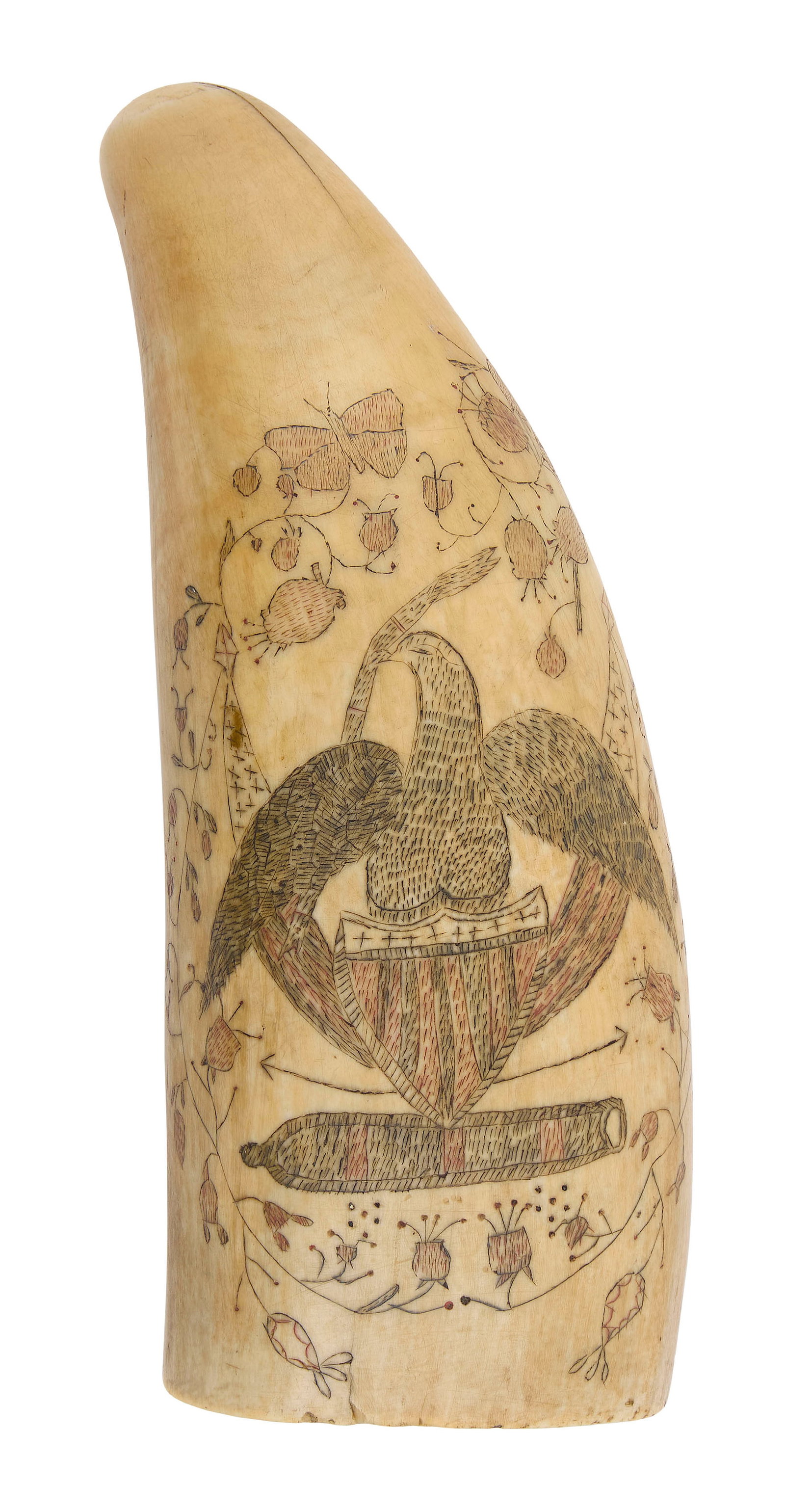 POLYCHROME SCRIMSHAW WHALE'S TOOTH WITH AMERICANA MOTIFS 19th Century Length 5.5". (1 of 2)