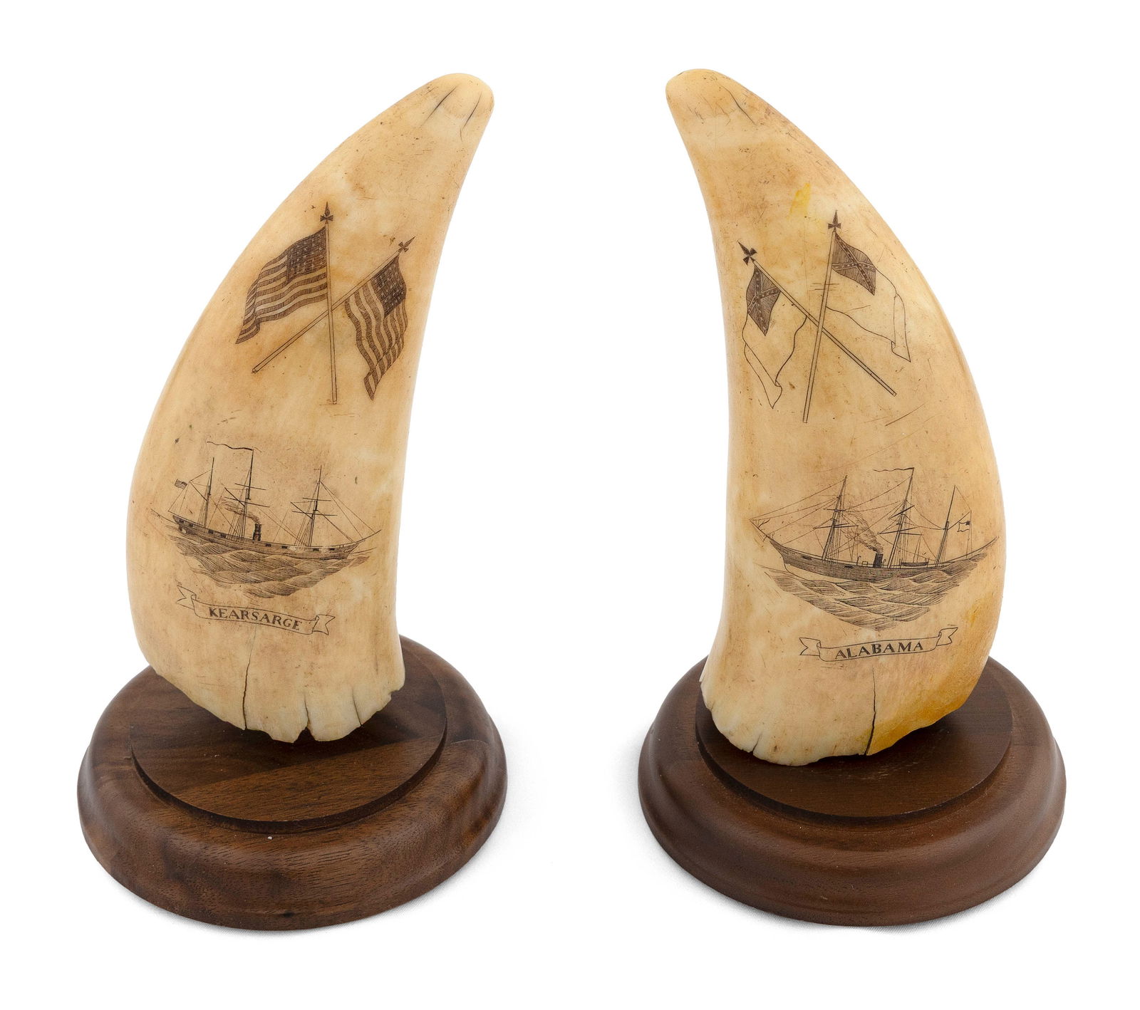 IMPORTANT PAIR OF POLYCHROME SCRIMSHAW WHALE'S TEETH DEPICTING THE CIVIL WAR SHIPS "ALABAMA" AND (1 of 1)
