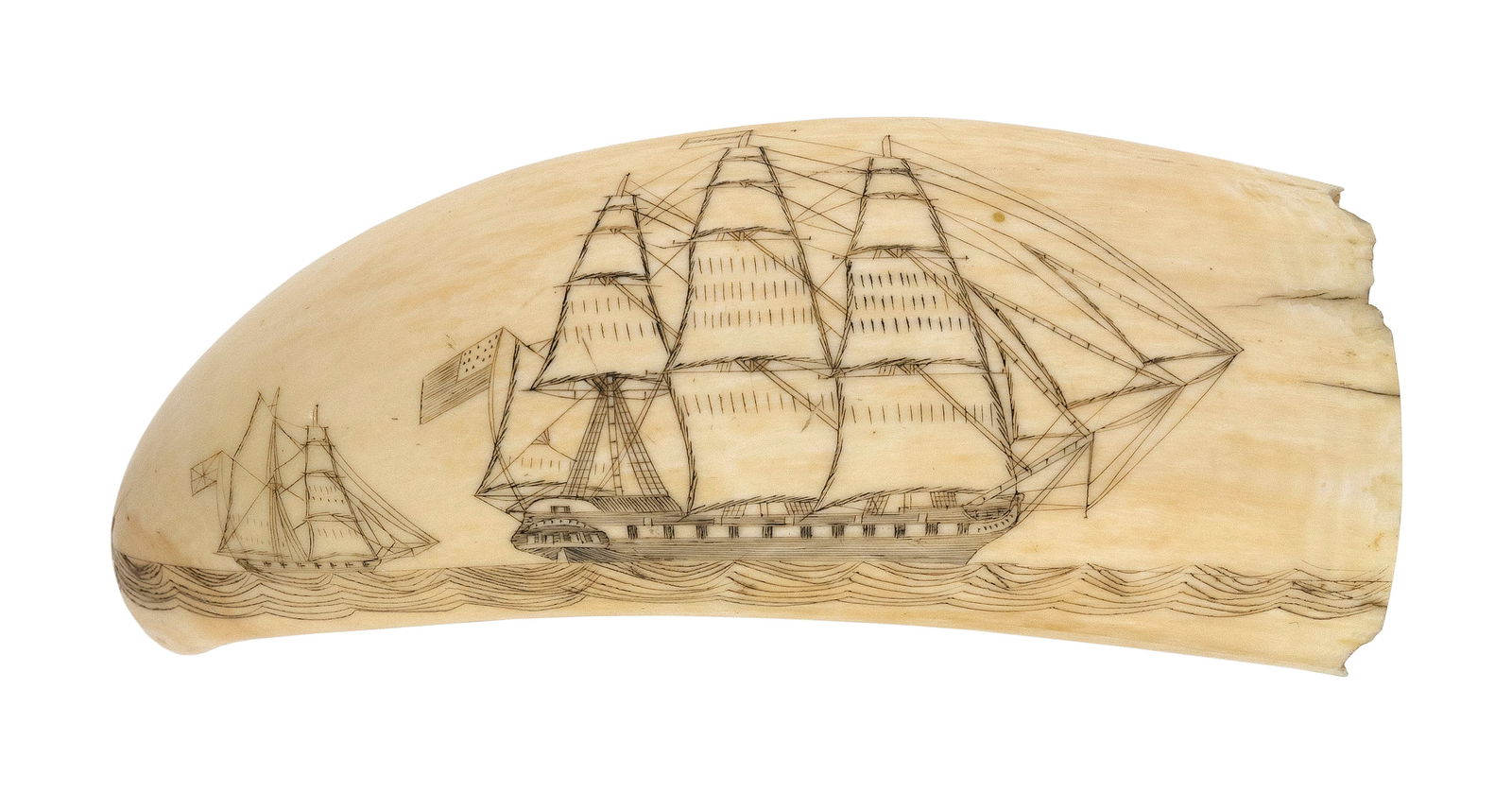 SCRIMSHAW WHALE'S TOOTH WITH SHIP PORTRAITS 19th Century Length 5.75". (1 of 2)