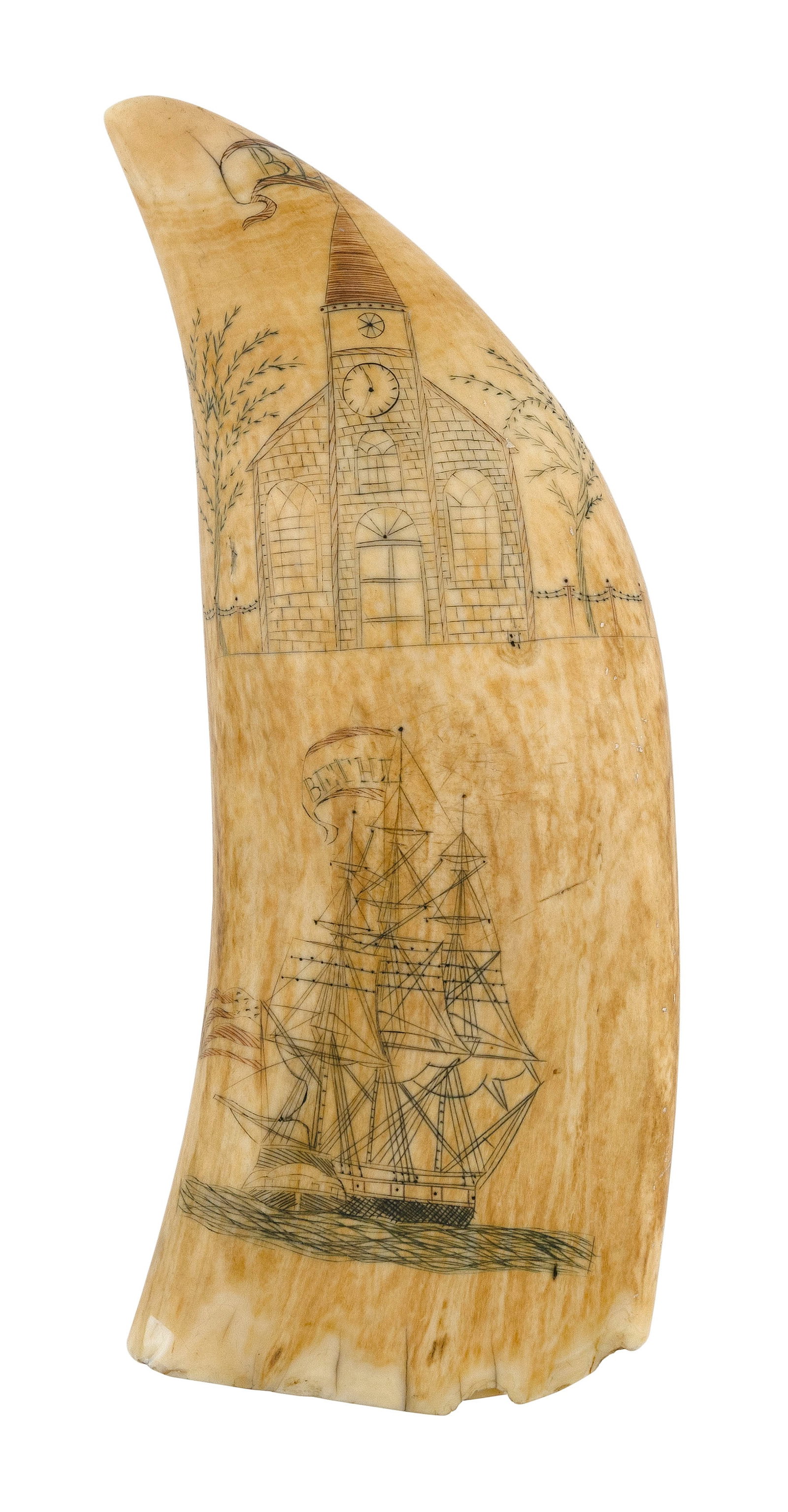 POLYCHROME SCRIMSHAW WHALE'S TOOTH KNOWN AS "THE BETHEL TOOTH" Circa 1845 Length 7.5". (1 of 4)
