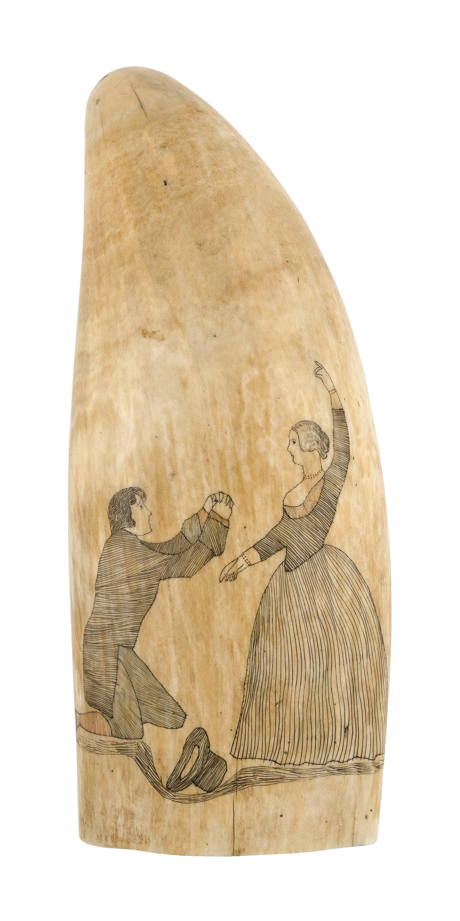 POLYCHROME SCRIMSHAW WHALE'S TOOTH "THE PROPOSAL" Mid-19th Century Length 6.5".: POLYCHROME SCRIMSHAW WHALE'S TOOTH "THE PROPOSAL"Mid-19th CenturyObverse depicts a man kneeling with his hands clasped before a woman standing with her left arm raised and her right arm extended towar