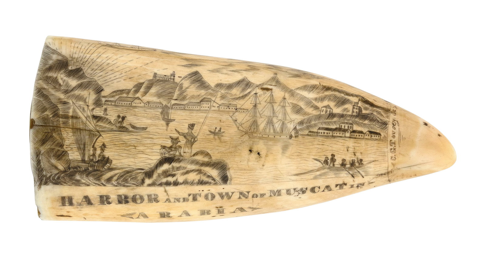 C.G. TOUSEY SIGNED SCRIMSHAW WHALE'S TOOTH Mid-19th Century Length 7.25".: C.G. TOUSEY SIGNED SCRIMSHAW WHALE'S TOOTHMid-19th CenturyObverse, titled "Virginia Water", depicts the lake in Virginia Water, England, with the Chinese Fishing Temple at right and three large sailin