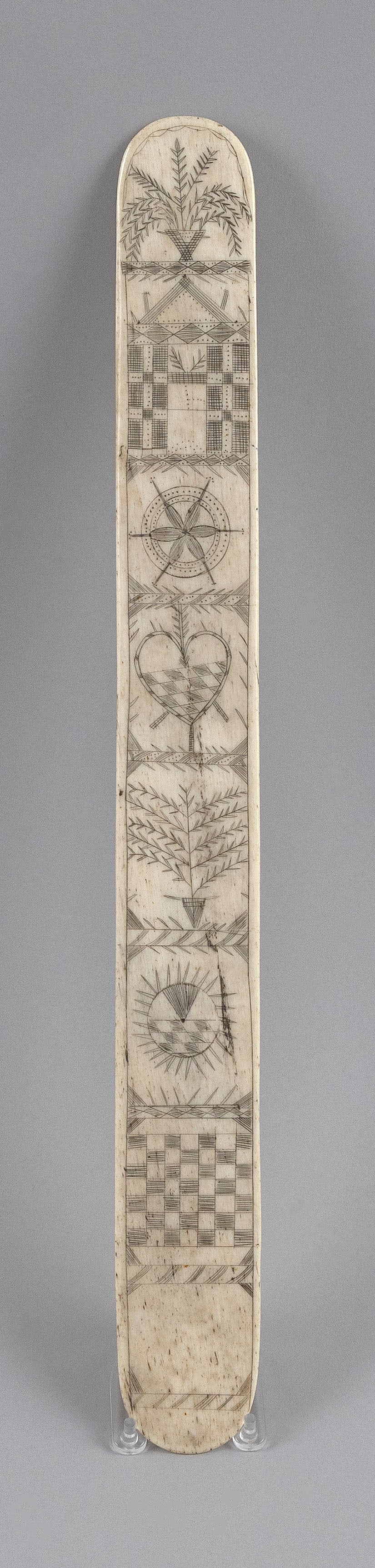 SCRIMSHAW WHALEBONE BUSK WITH SEVERAL IMAGES Mid-19th Century Length 14.5". (1 of 1)