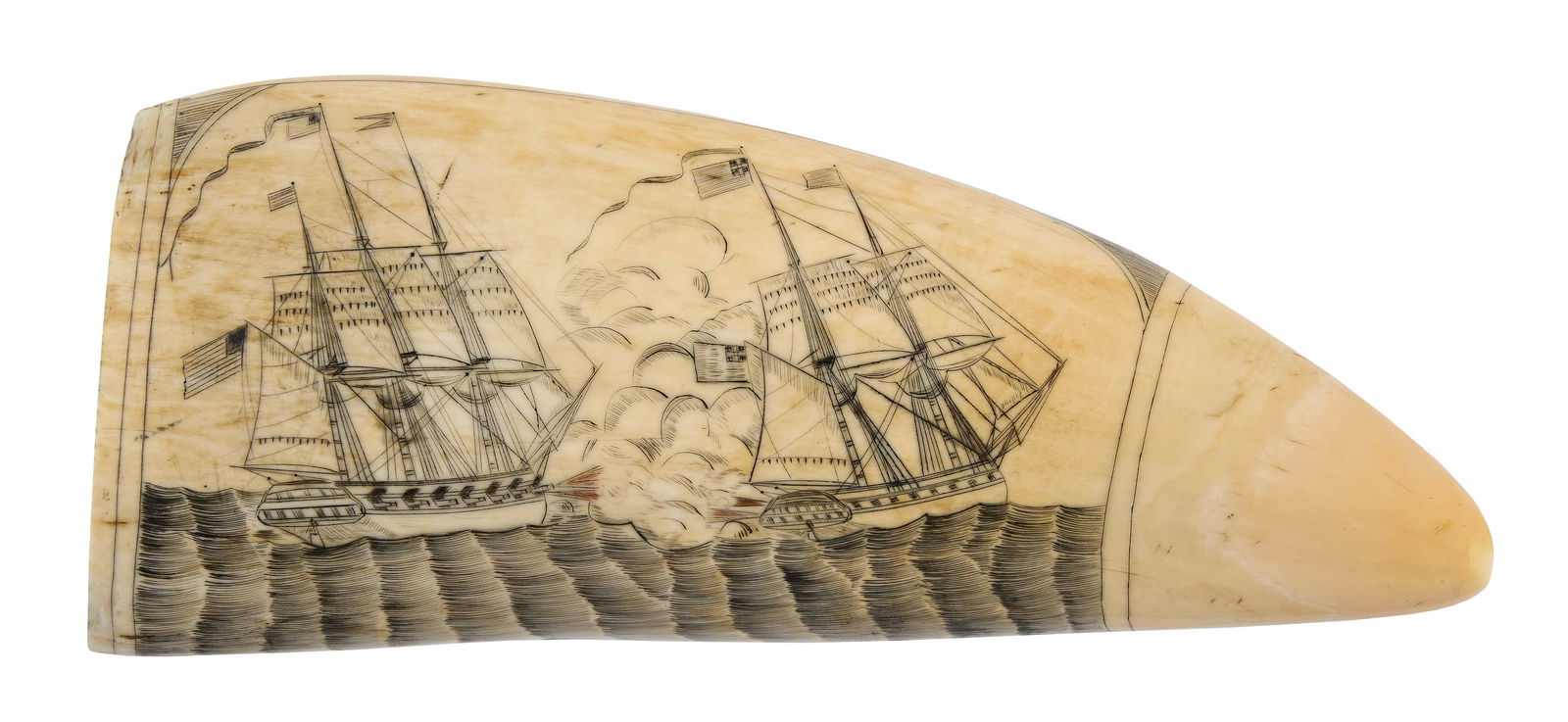 VIGNETTE ENGRAVER SCRIMSHAW WHALE'S TOOTH Mid-19th Century Length 6.75". (1 of 2)