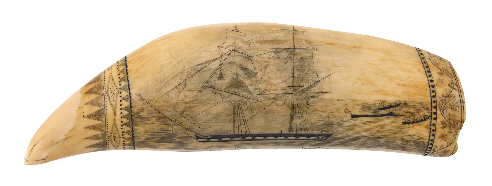 IMPORTANT LADY WELLINGTON ENGRAVER SCRIMSHAW WHALE'S TOOTH Circa 1840 Length 9.5".: IMPORTANT LADY WELLINGTON ENGRAVER SCRIMSHAW WHALE'S TOOTHCirca 1840A monumental tooth, engraved on obverse with an active whaling scene and on reverse with a portrait of a side-wheel steamship off th