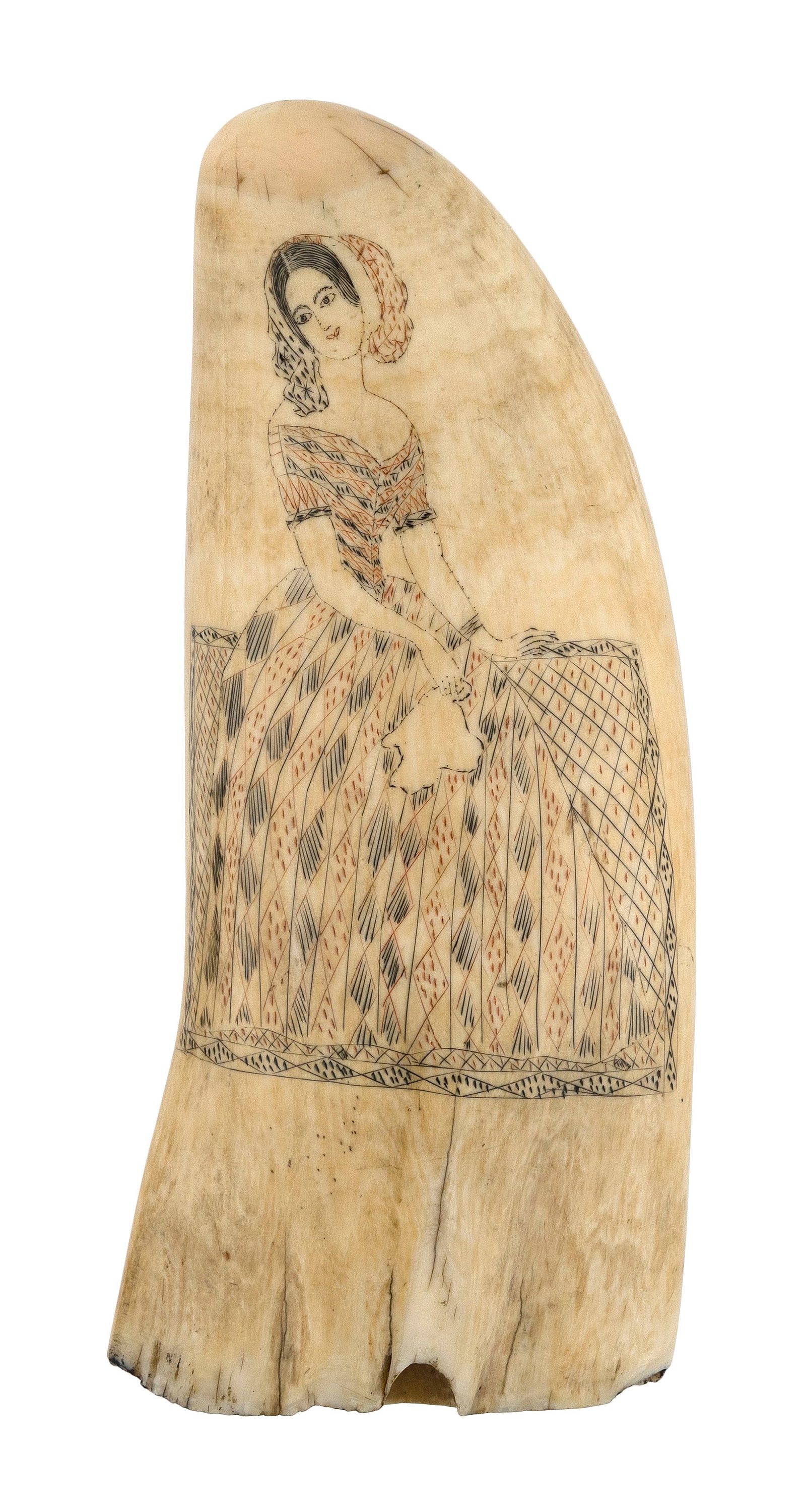 POLYCHROME SCRIMSHAW WHALE'S TOOTH WITH PORTRAIT OF A LADY Mid-19th Century Length 7".: POLYCHROME SCRIMSHAW WHALE'S TOOTH WITH PORTRAIT OF A LADYMid-19th CenturyFull-length portrait of a woman wearing a hair covering, a striped diamond-patterned dress and a bracelet, holding a handkerch