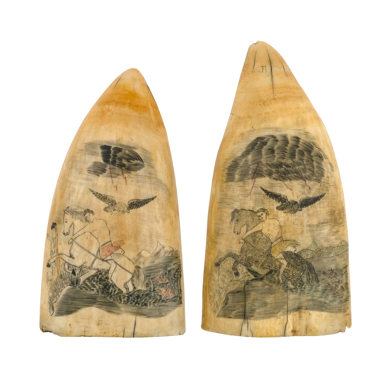 TWO POLYCHROME SCRIMSHAW WHALE'S TEETH ILLUSTRATING BYRON POEM "MAZEPPA" Mid-19th Century Lengths (1 of 2)