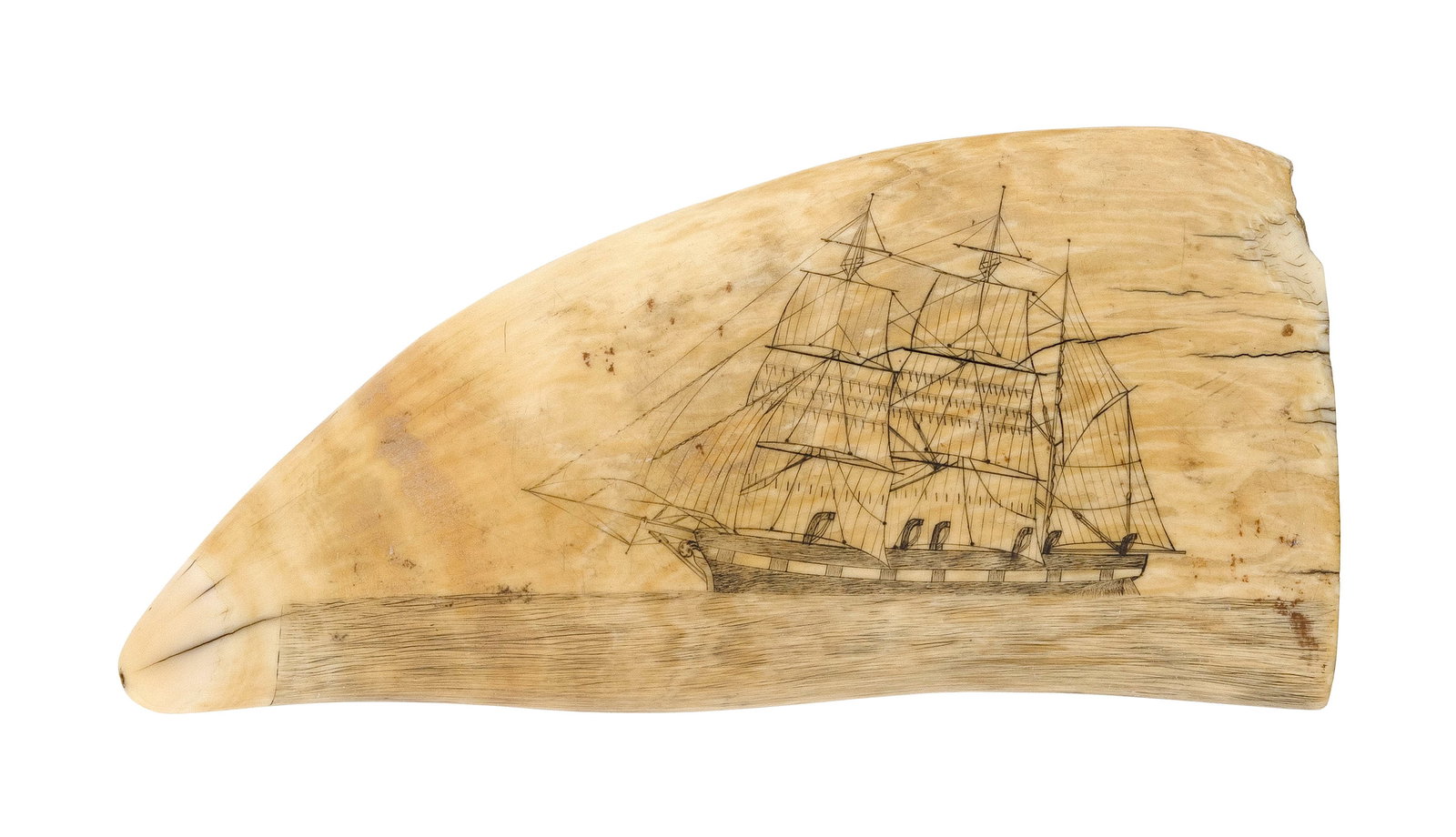 SCRIMSHAW WHALE'S TOOTH WITH WHALING SCENES 19th Century Length 7". (1 of 2)
