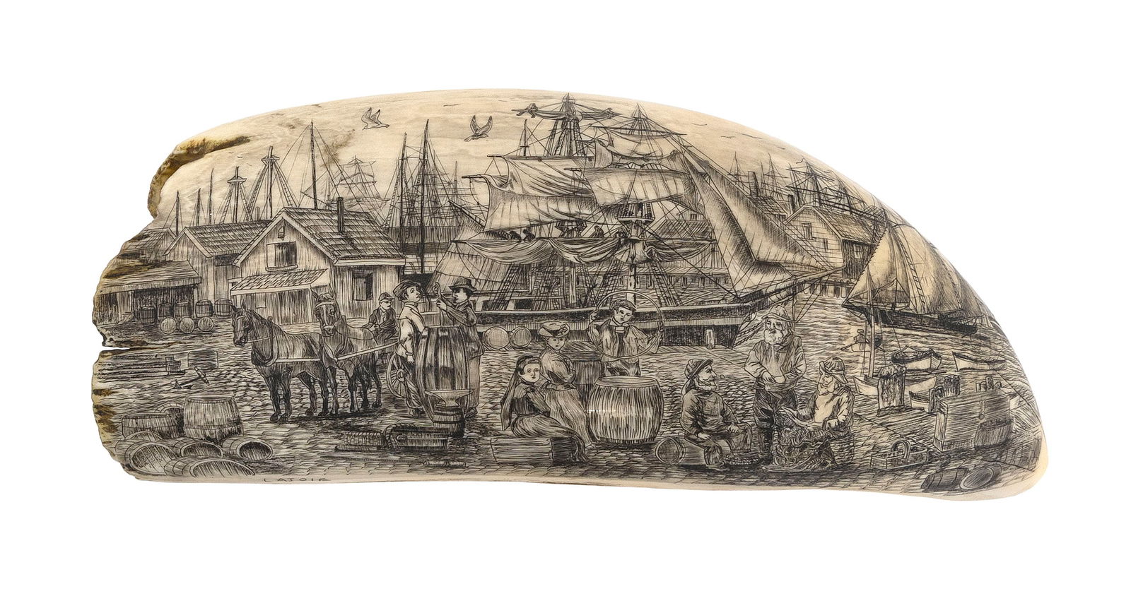 * ENGRAVED WHALE'S TOOTH WITH WHARF SCENE Length 7".: * ENGRAVED WHALE'S TOOTH WITH WHARF SCENEPossibly New Bedford. Signed "Lajoie", probably for Peter Lajoie.Length 7".