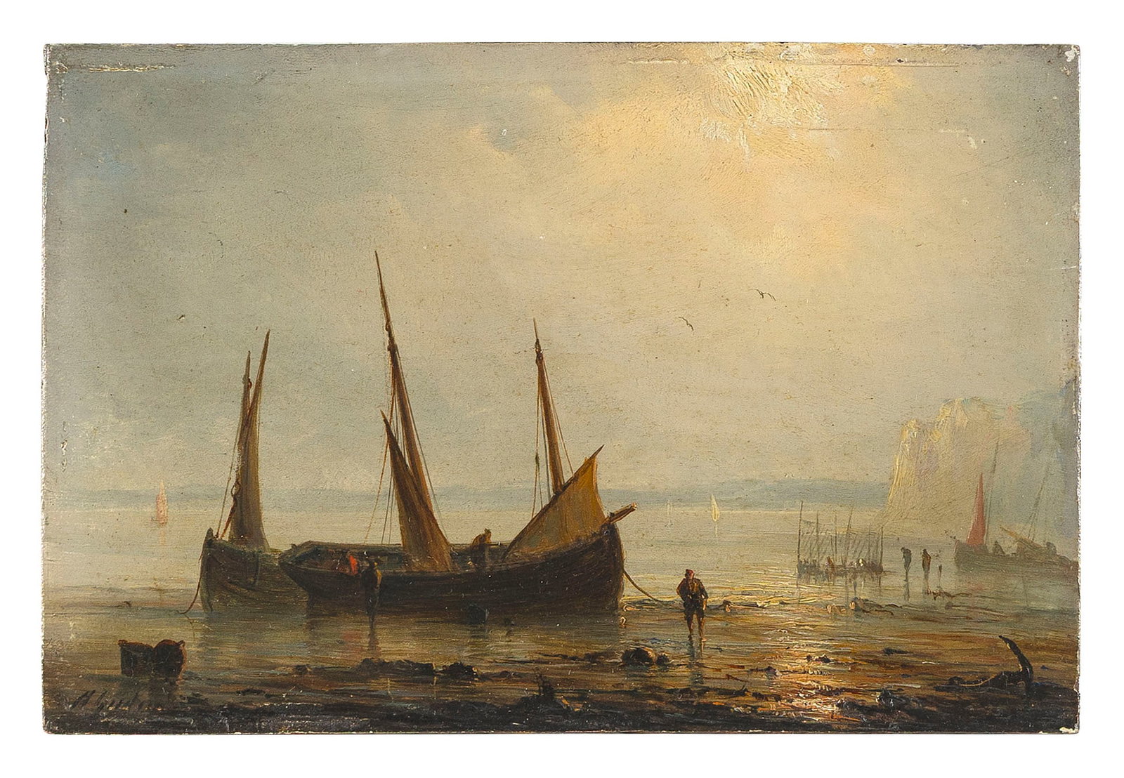 HANS FREDRIK GUDE (Norway/Germany, 1825-1903), Fishing vessels and figures at the shoreline., Oil on (1 of 2)