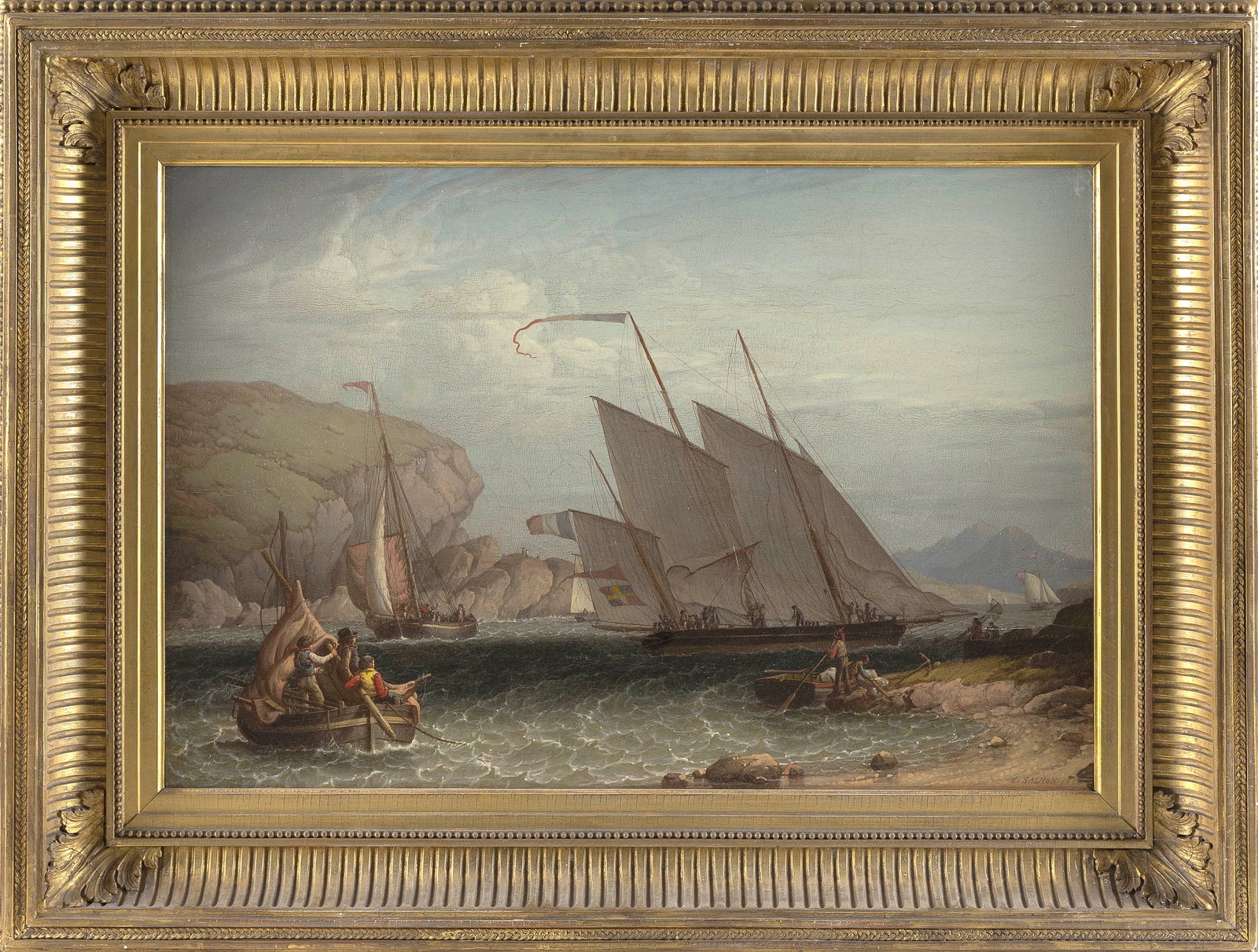 ROBERT SALMON (Massachusetts, 1775-1844), "Lugger in the Wind"., Oil on cradled board, 16.5" x (1 of 2)