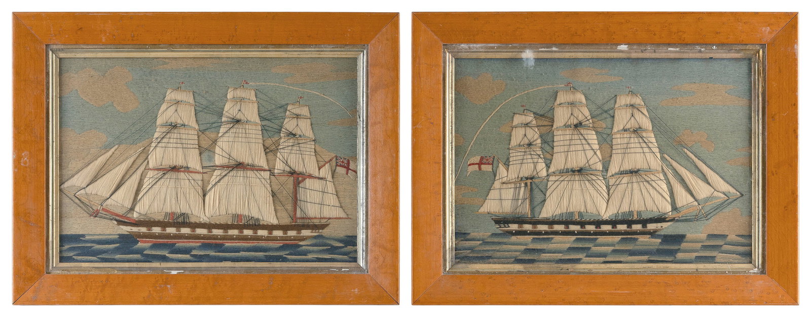 PAIR OF WOOLWORK SHIP PORTRAITS England, 19th Century 10" x 14" sight. Framed 14.25" x 18.25". (1 of 1)