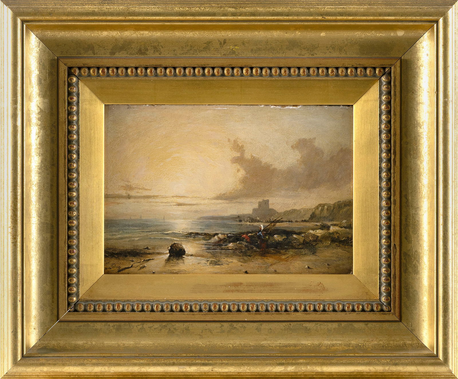 ENGLISH SCHOOL (19th Century,), Sun rising over ships wrecked on the coast., Oil on tin, 7" x 9". (1 of 1)