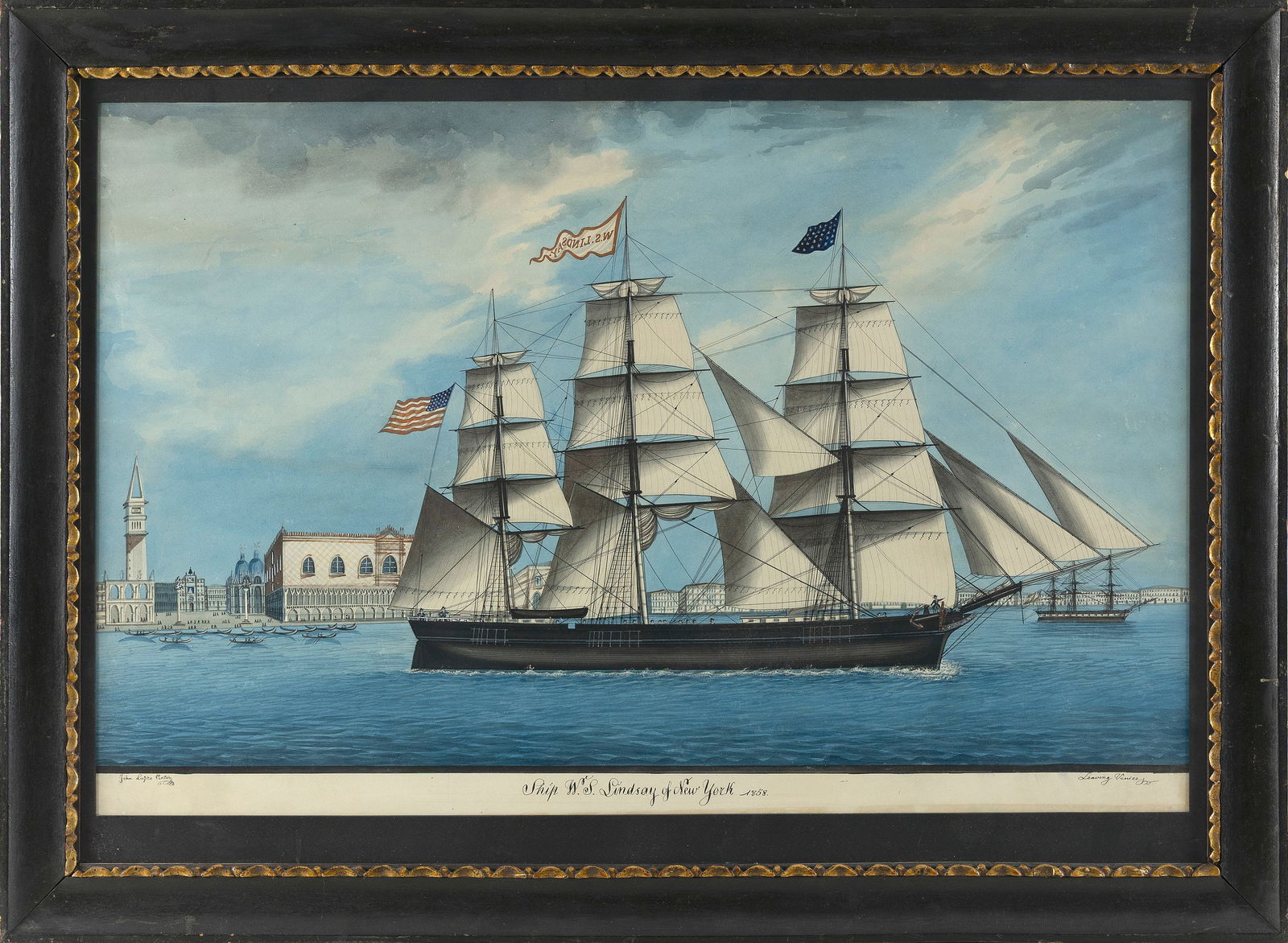 GIOVANNI LUZRO (Italy, Active 1850-1877), "Ship W.F. Lindsay of New York 1858" leaving Venice., (1 of 2)
