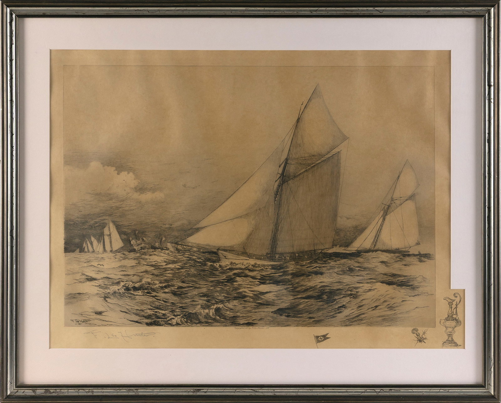FREDERICK LEO HUNTER (New York, 1862-1943), Scene from the 1887 America's Cup., Etching on paper, (1 of 2)