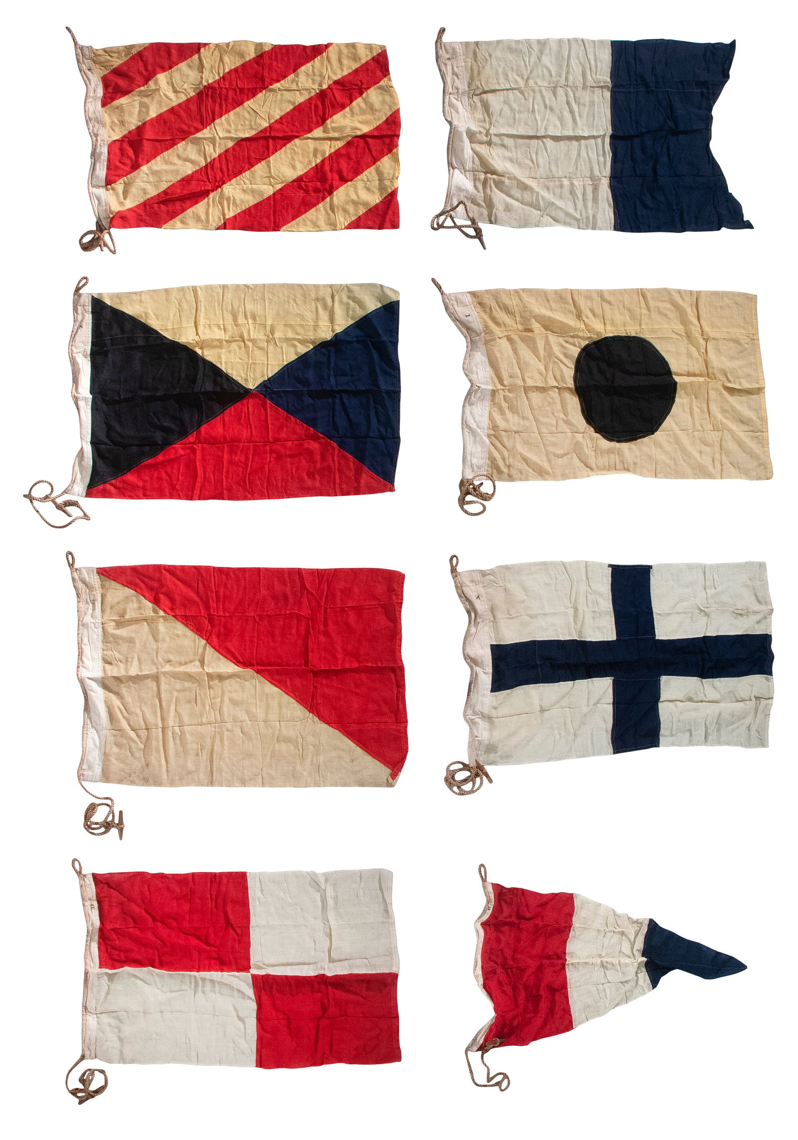EIGHT VINTAGE SIGNAL FLAGS 20th Century Approx. 22" x 37".: EIGHT VINTAGE SIGNAL FLAGS20th CenturyFor "A", "I", "O", "U", "X", "Y", "Z" and "3". Wool bunting with canvas hoists. Include rope and wooden toggle.Approx. 22" x 37".