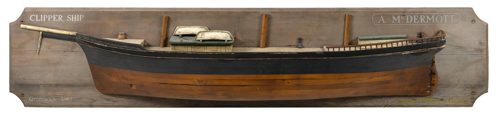 MOUNTED HALF HULL MODEL OF THE CLIPPER SHIP "A. MCDERMOTT" 19th Century Backboard 14.5" x 69". (1 of 1)