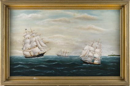 AMERICAN SCHOOL (19th Century,), Three American ships off a lighthouse., Oil on board, 27.5" x 44".