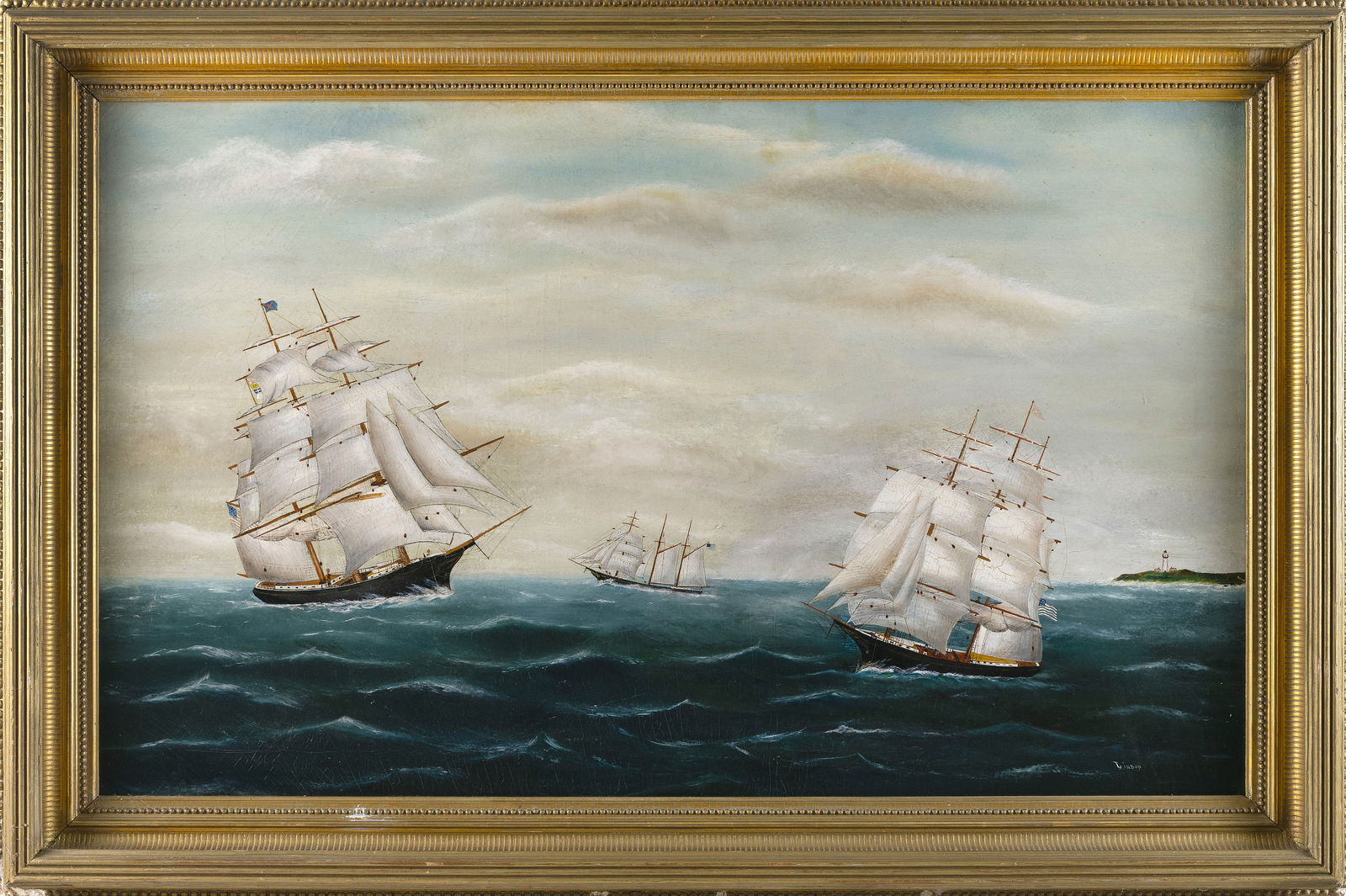 AMERICAN SCHOOL (19th Century,), Three American ships off a lighthouse., Oil on board, 27.5" x 44". (1 of 1)