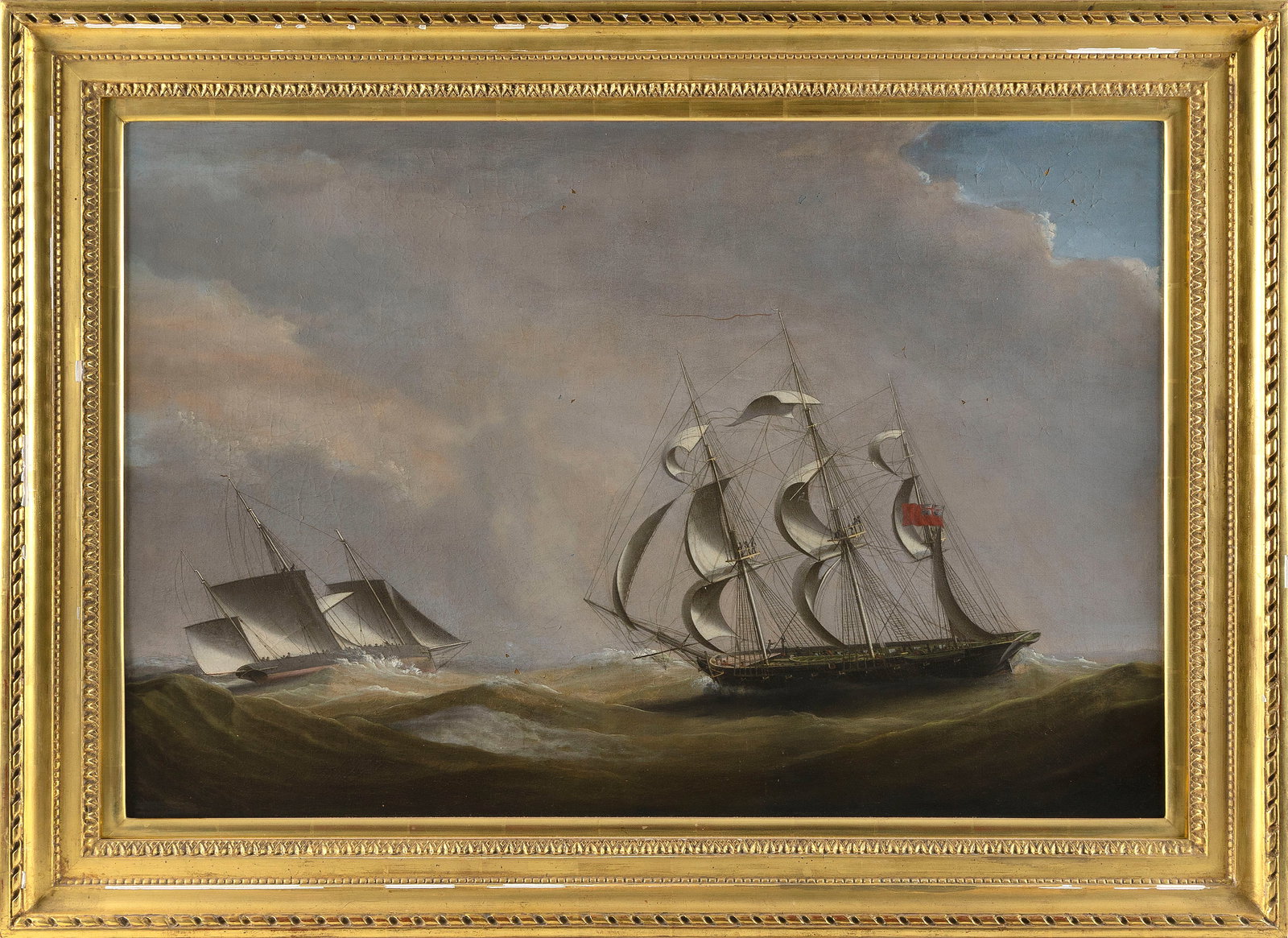 ENGLISH SCHOOL (19th Century,), Ships in rolling seas., Oil on canvas, 24" x 36". Framed 31" x (1 of 2)
