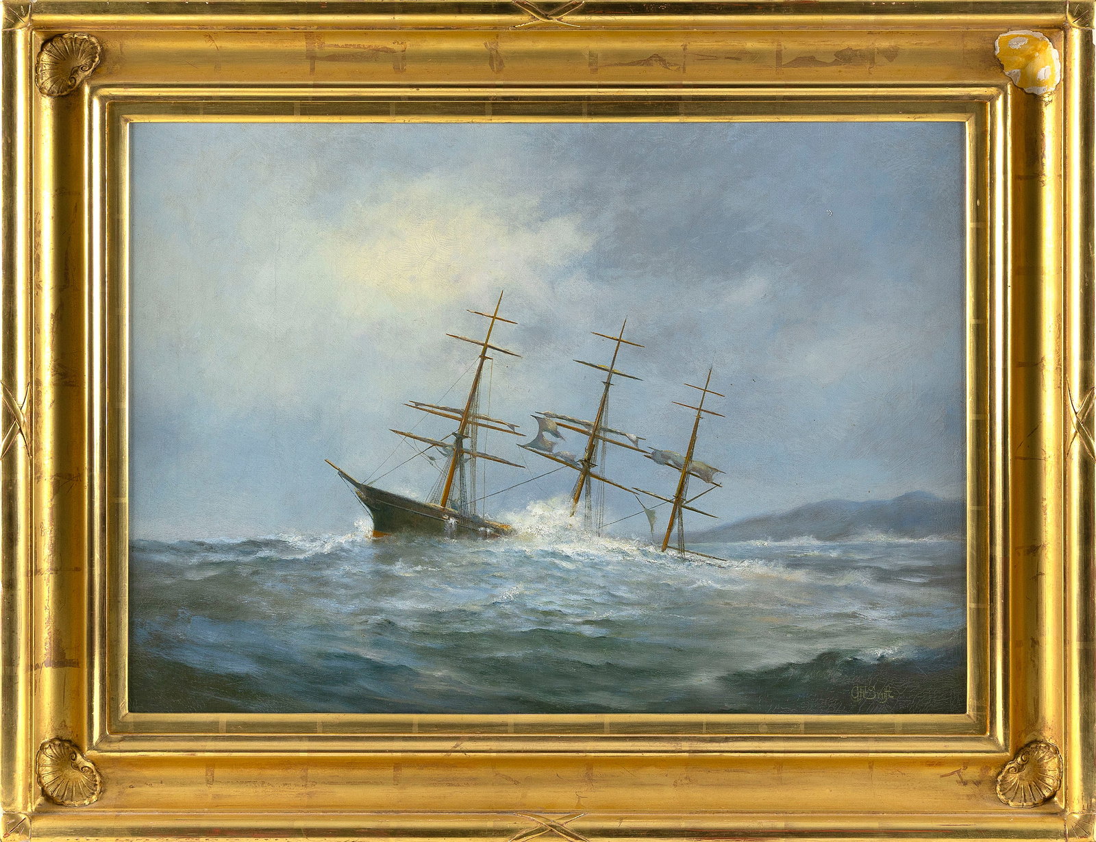 AMERICAN SCHOOL (19th Century,), Ship in distress., Oil on canvas, 20" x 28.25". Framed 27" x 35". (1 of 2)