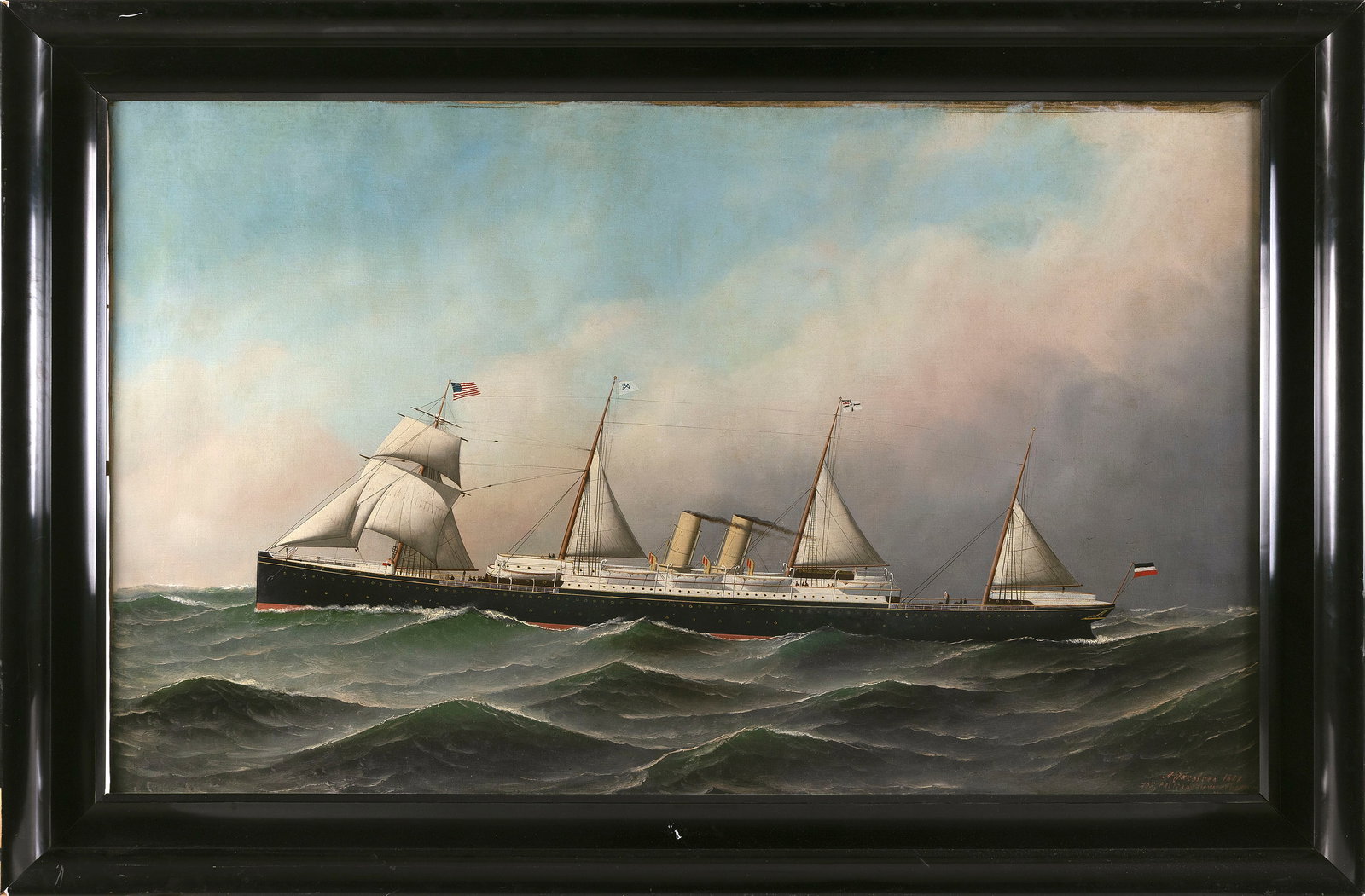 ANTONIO NICOLO GASPARO JACOBSEN (New York/New Jersey/Denmark, 1850-1921), Ship underway., Oil on (1 of 2)