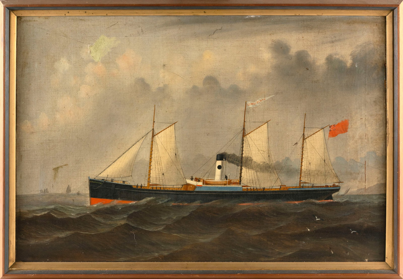 PAINTING OF THE STEAMSHIP "GEORGE PYMAN" 19th Century Oil on canvas, 20" x 30". Framed 22" x 32". (1 of 2)