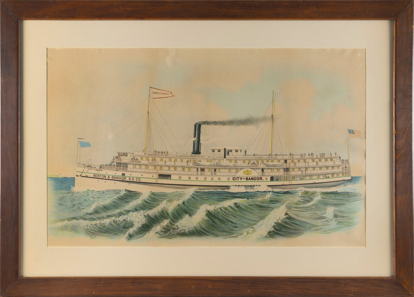 PRINT DEPICTING THE "CITY OF BANGOR" STEAMSHIP 19th Century 23" x 37". Framed 34.5" x 48.5". (1 of 2)