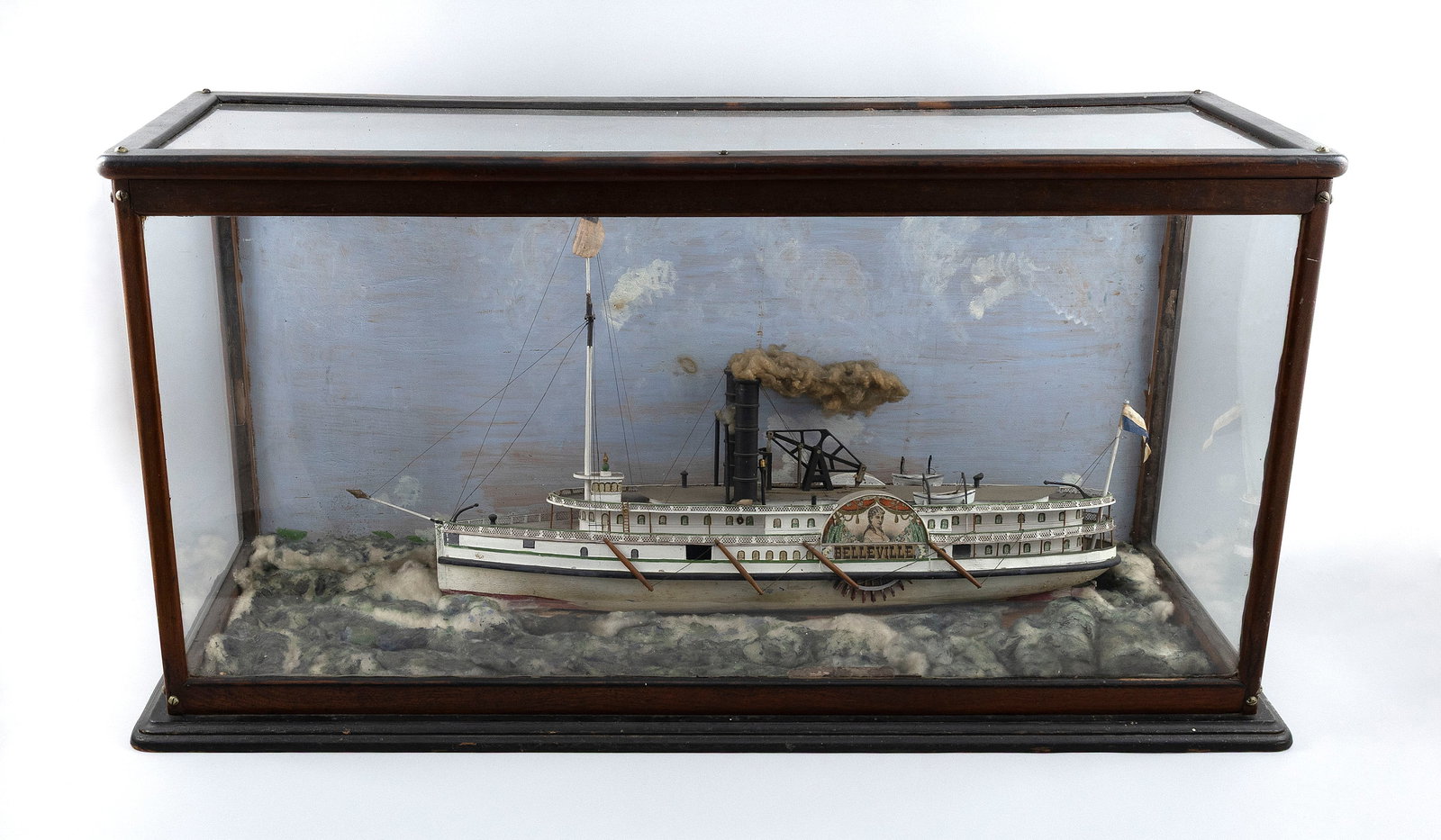 DIORAMA OF THE SIDE-WHEEL STEAMSHIP "BELLEVILLE" 19th Century Case height 21.75". Width 40.5". Depth (1 of 1)