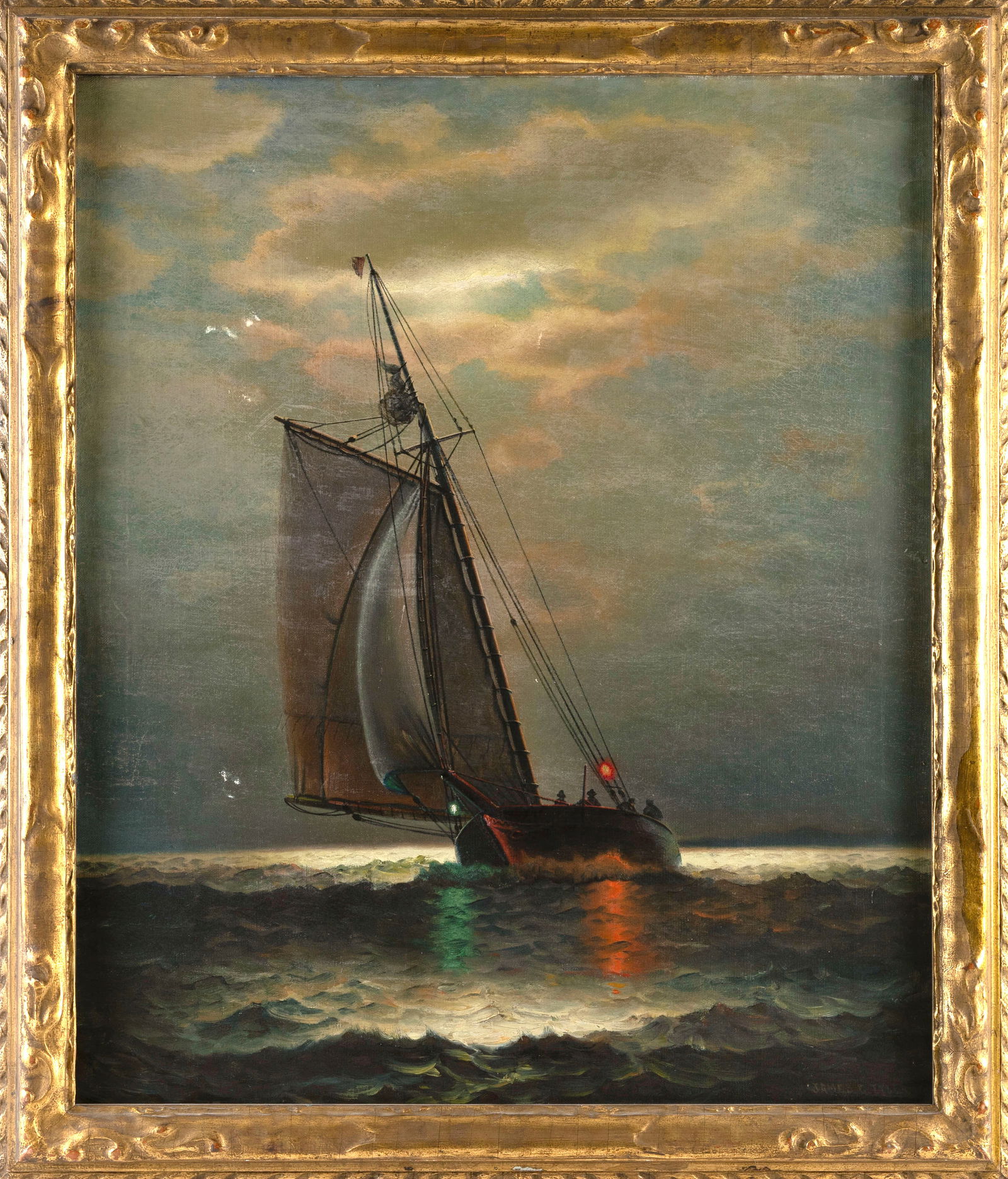 JAMES GALE TYLER (Connecticut/New York, 1855-1931), Sailboat under moonlight., Oil on canvas, 28" x (1 of 2)