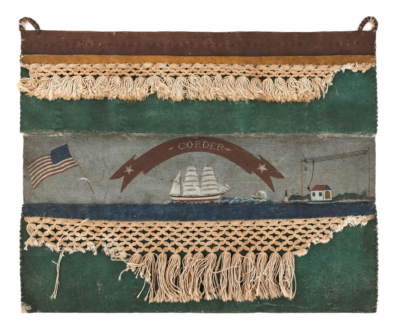 WONDERFUL FOLK ART SAILCLOTH WALL POCKET Early 20th Century 17.5" x 22". (1 of 2)