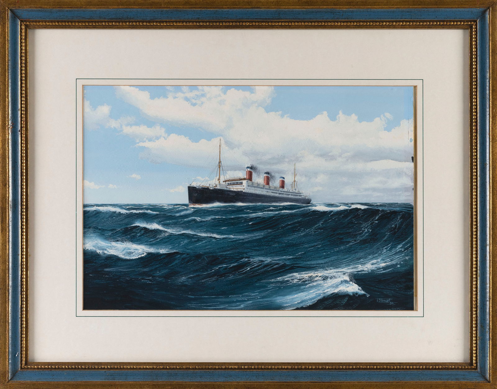 JOHN A. STEWART (United Kingdom, 1941-), Steamship with three smokestacks in open water., Watercolor (1 of 2)