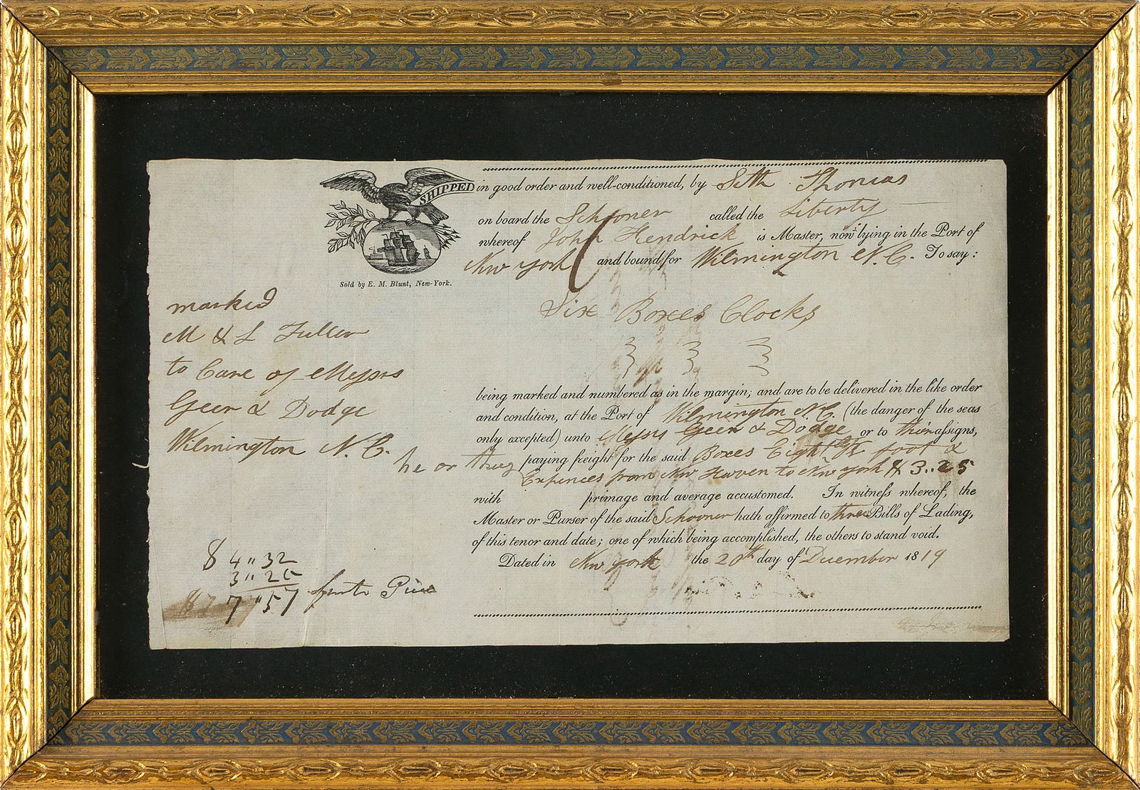 SHIPPING DOCUMENT PERTAINING TO SETH THOMAS CLOCKS Dated December 20, 1819 Framed 9" x 12.75". (1 of 2)