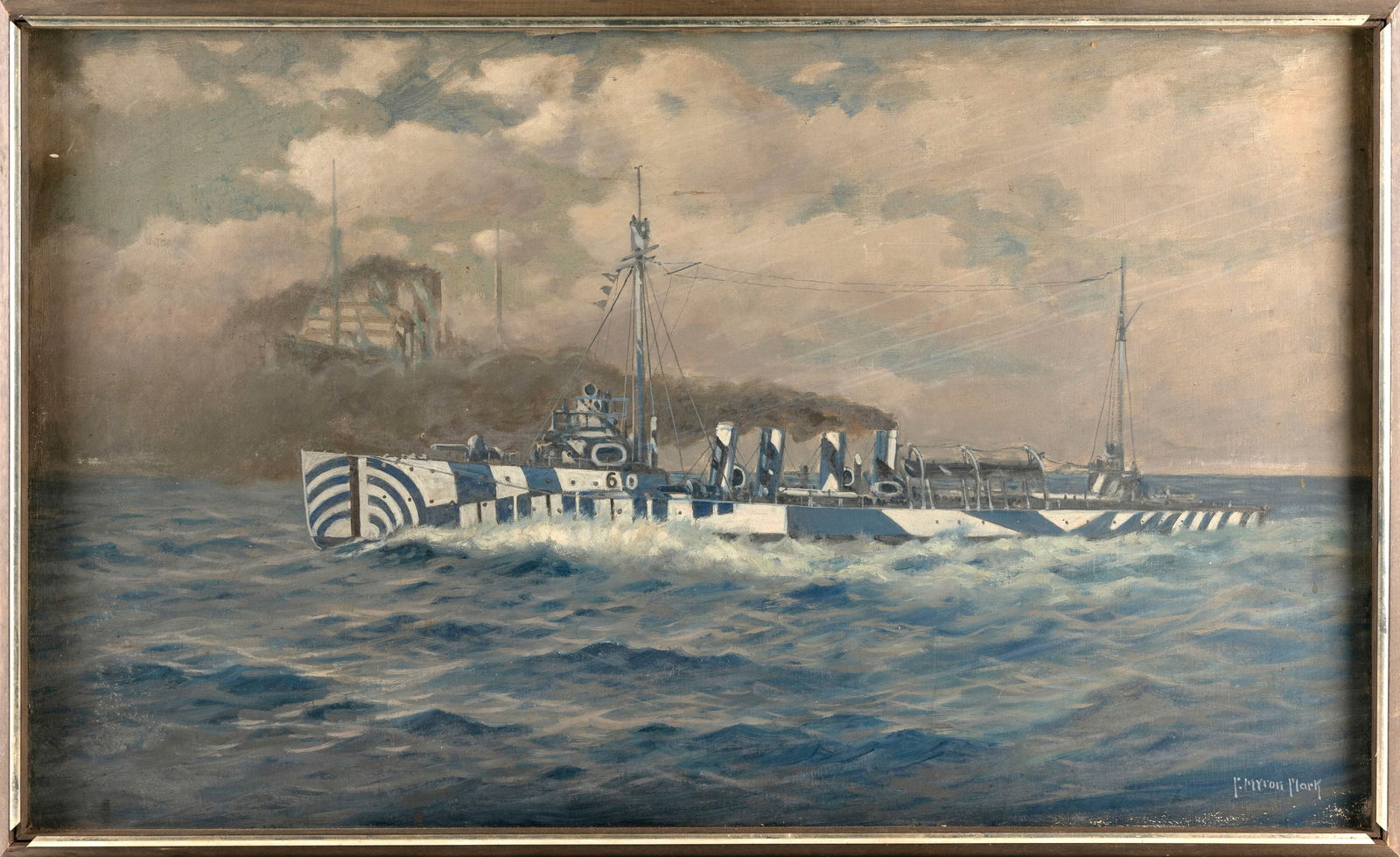 C. MYRON CLARK (Massachusetts, 1858-1925), Navy vessel in dazzle camouflage putting up a smoke (1 of 2)