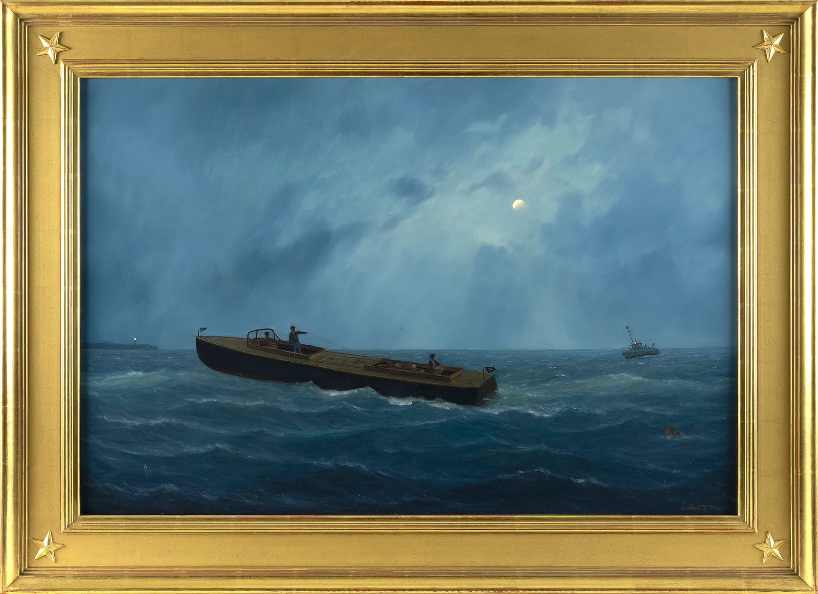 WILLIAM R. DAVIS (Massachusetts, 1952-), "Rum Runner and the Cursed Moon"., Oil on board, 24" x 36". (1 of 2)
