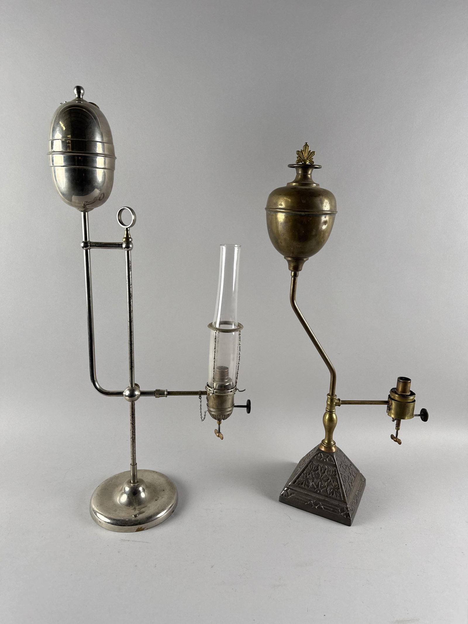 TWO UNUSUAL STUDENT LAMPS 19th Century Heights 26.25" and 28.25". (1 of 5)