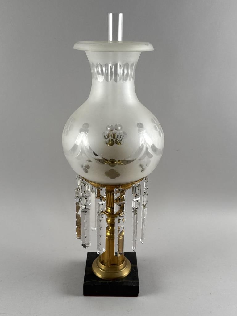 ASTRAL LAMP 19th Century Height 21.5". Width 7.5". Depth 7.5".: ASTRAL LAMP19th CenturyEtched frosted glass shade. Brass and metal base. Includes crystal prisms.Height 21.5". Width 7.5". Depth 7.5".