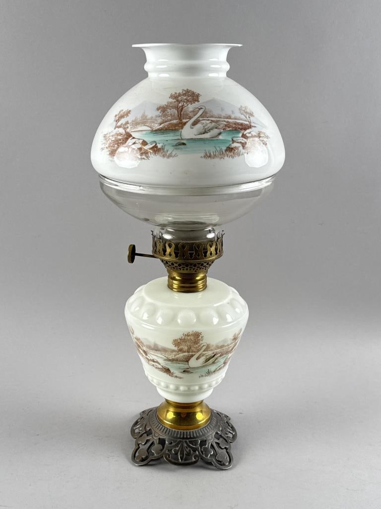 EDWARD MILLER & CO. KEROSENE TABLE LAMP Late 19th Century Height 17.75". Width 8". Depth 8". (1 of 7)