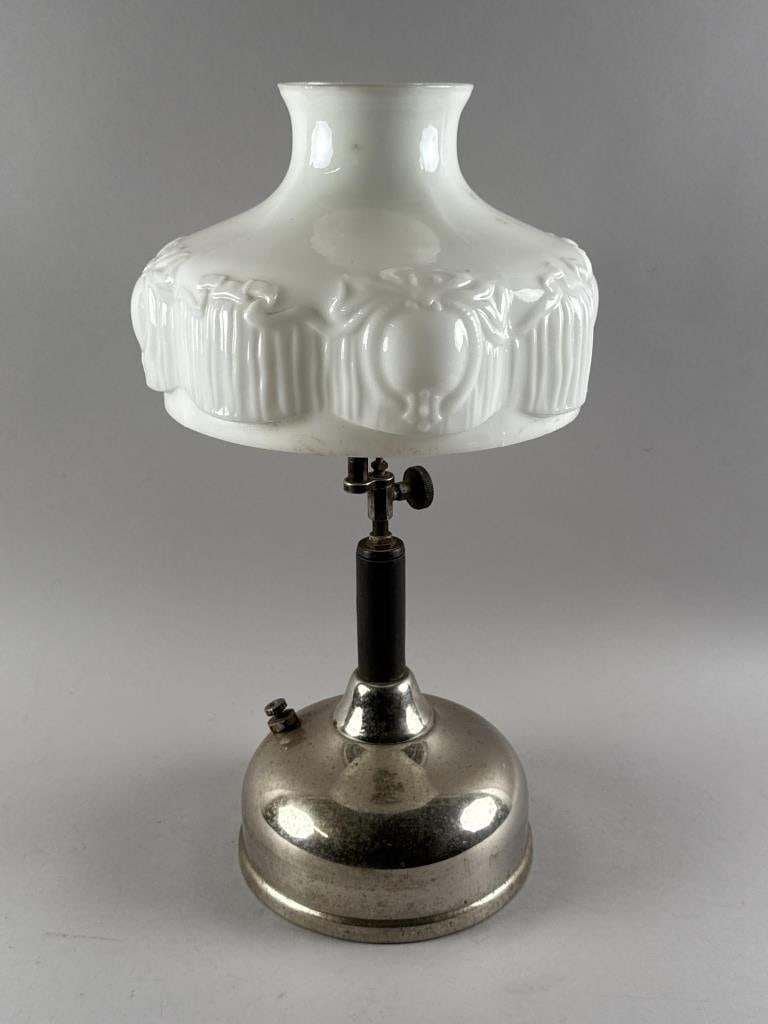 COLEMAN QUICK-LITE LANTERN Early 20th Century Height 20". Width 10". Depth 10".: COLEMAN QUICK-LITE LANTERNEarly 20th CenturyWhite milk glass shade.Height 20". Width 10". Depth 10".