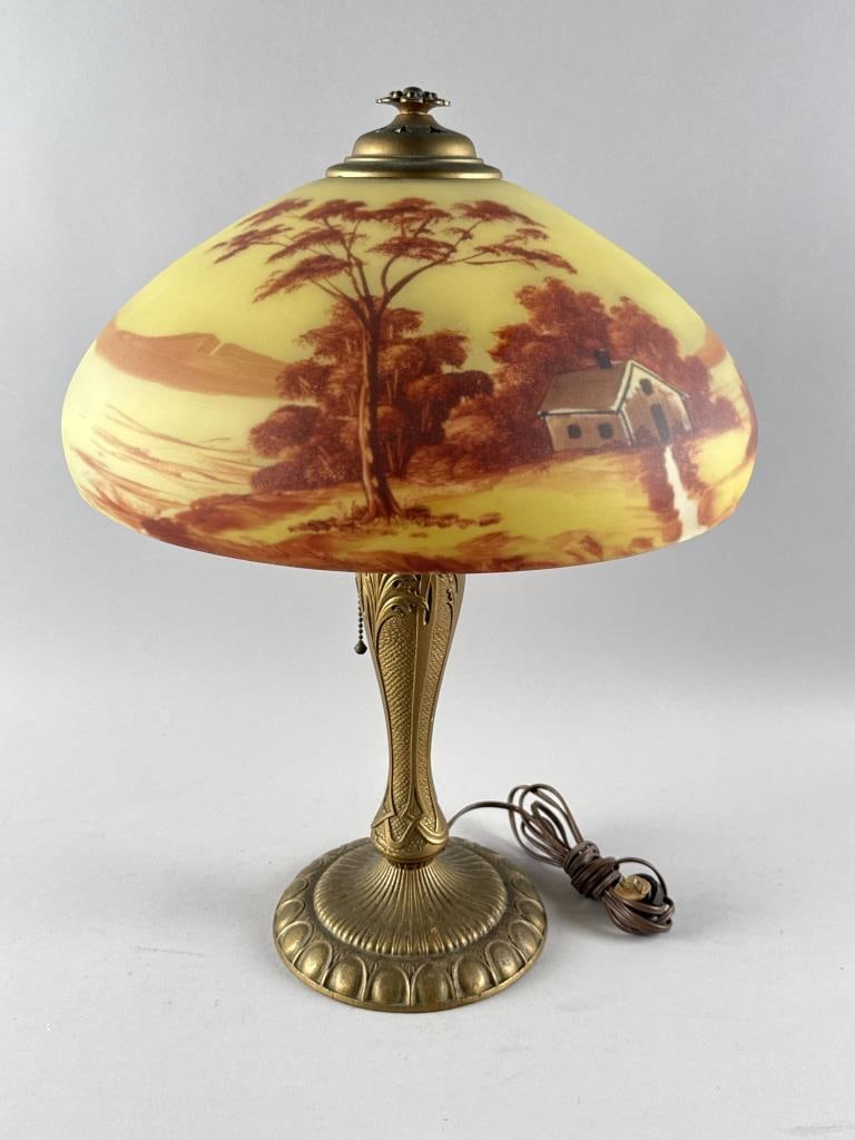 TABLE LAMP WITH REVERSE-PAINTED GLASS SHADE Early 20th Century Height 22.5". Shade diameter approx. (1 of 7)