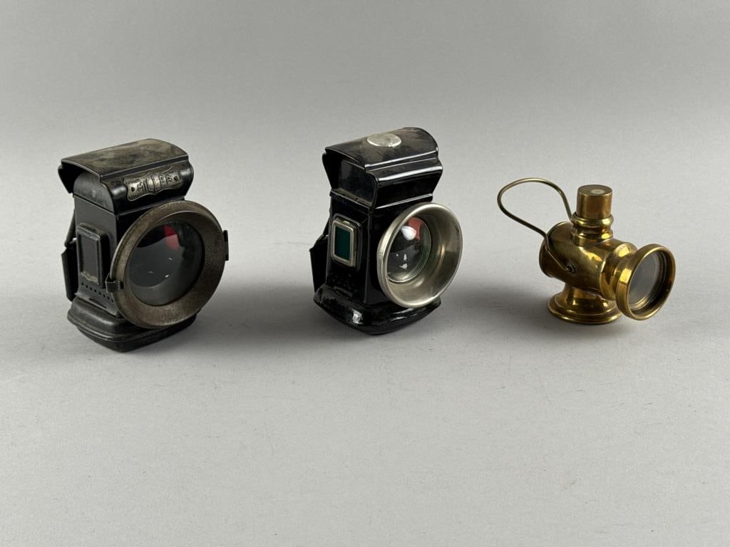 THREE BICYCLE LANTERNS Early 20th Century Heights from 3.25" to 4.5". (1 of 4)